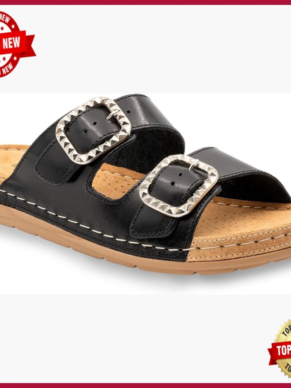 Leather Studded Double-Buckle Slide Sandals, Women's US 6-10, Full-Grain